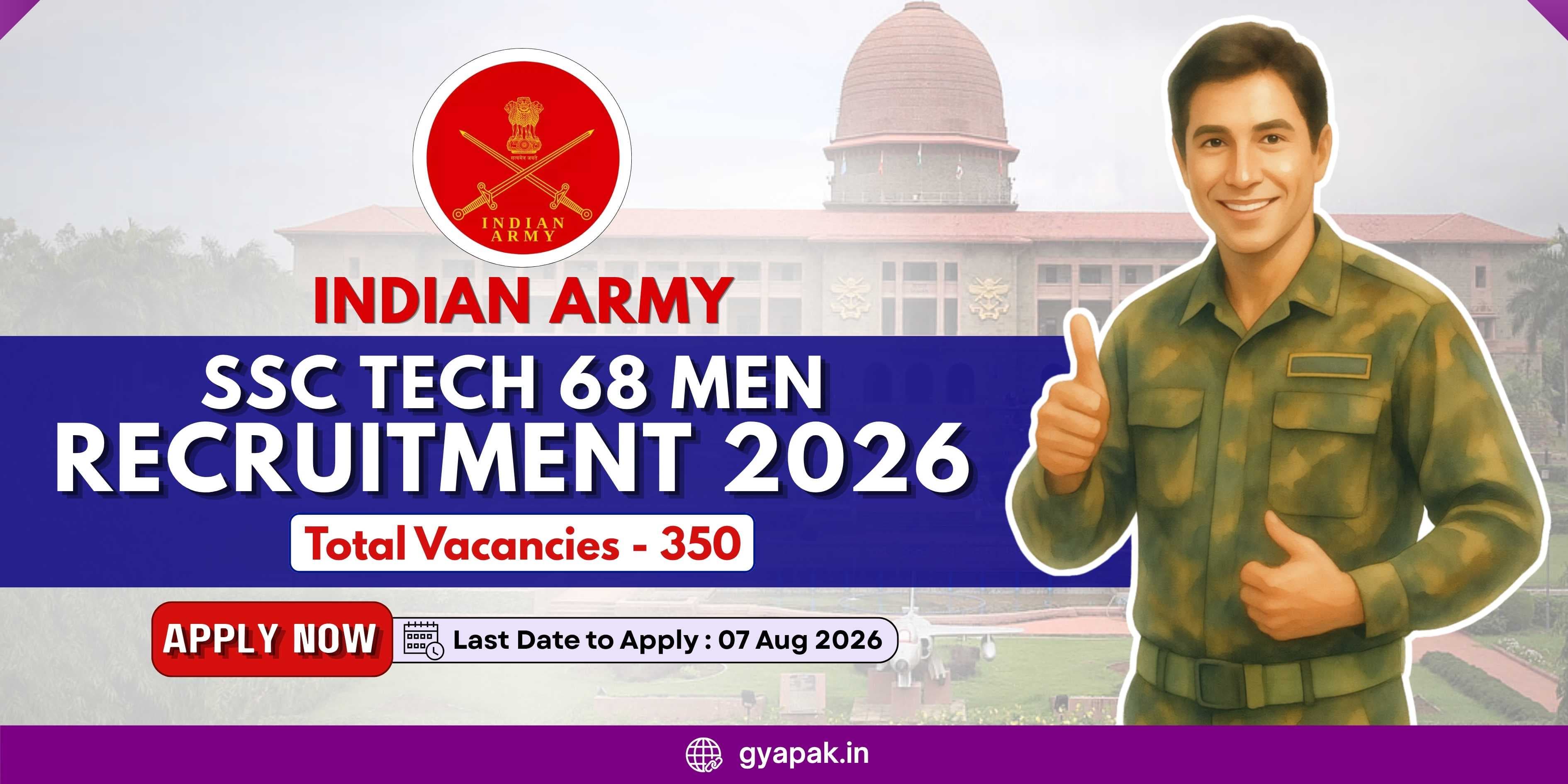 Indian Army SSC Tech 68 Men Recruitment 2026 | 350 Posts